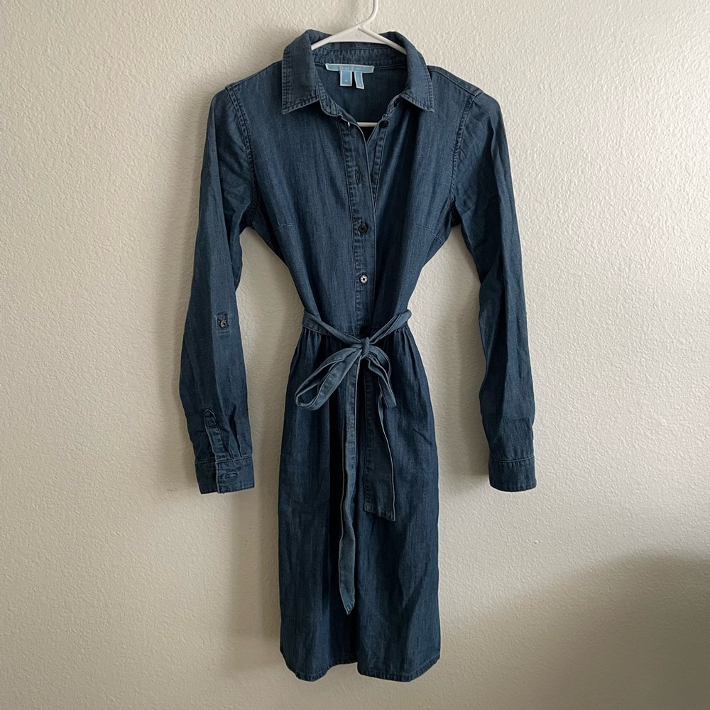 Draper James Med Wash Chambray Jean
Shirt Dress Tie Belt Roll Tab Sleeve 0 EUC